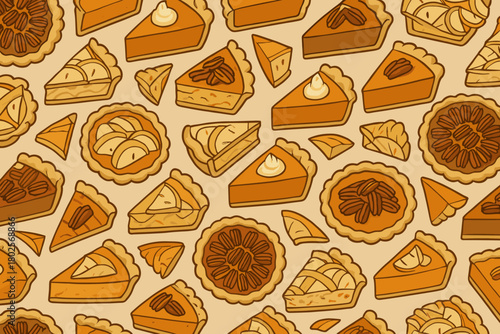 Seamless pattern of assorted holiday pie slices and tarts