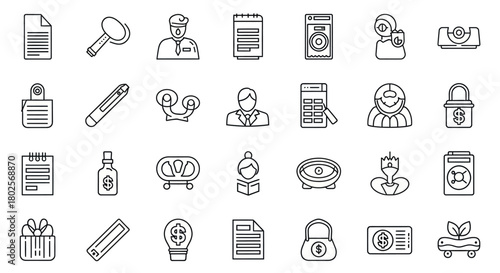 Business and office linear icons set: finance, communication, task management symbols