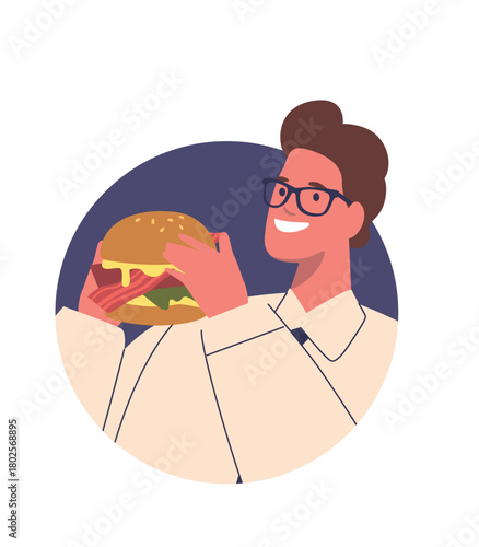 Businessman eating hamburger cartoon avatar