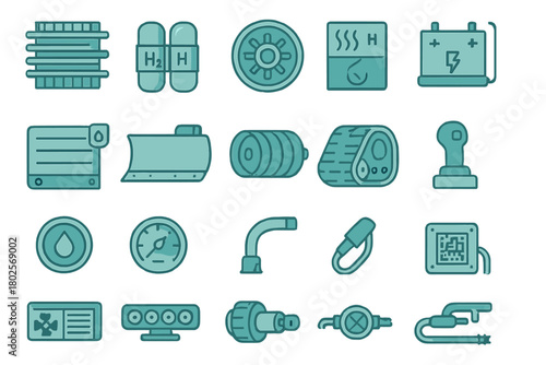 Hydrogen-powered robotics and mechanical systems icon set