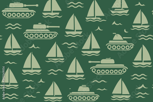 Seamless pattern with tanks and sailboats on green background