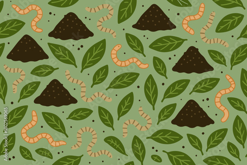 Seamless composting pattern with worms, leaves, and soil mounds