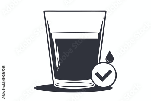 Glass of liquid is standing near drop and right checkmark circle vector