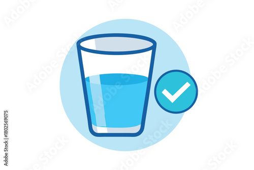 Glass half full with light blue water has a check mark to confirm hydration