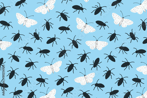 Seamless bug and moth pattern on blue background