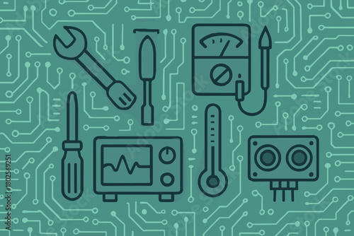 Electronics tools and sensors on circuit board background