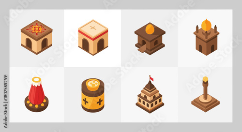 Isometric medieval buildings collection: castles, churches, towers