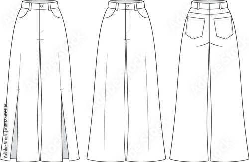 Illustration of wide leg pants fashion technical flat front side and back view with slit detail and pockets sewing template 