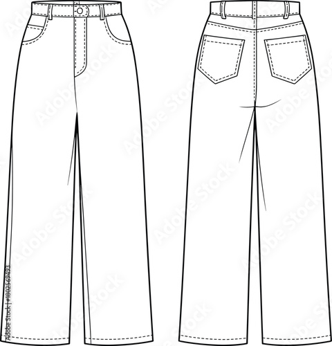 wide leg pants technical fashion flat front and back view with pockets stitching guide sewing template apparel spec cad drawing flat vector illustration