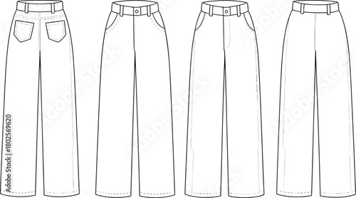 Wide leg pants technical flat fashion sketch, front and back view, women’s loose trousers design, detailed garment template illustration