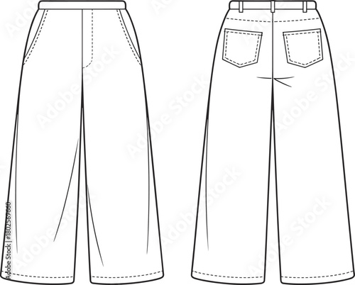 Illustration Wide leg women pants front and back apparel technical flat with pockets waistband belt loops for tech pack and pattern spec, cad drawing flat vector illustration