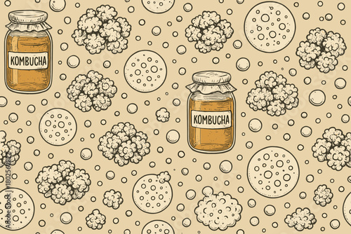 Seamless kombucha and probiotic pattern in vintage style