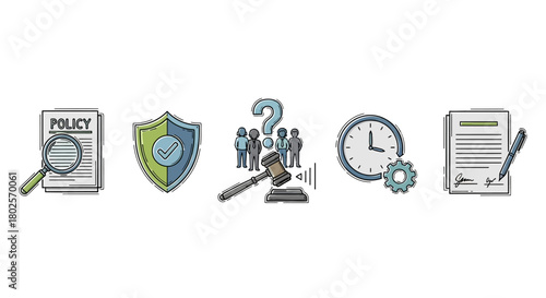 Legal and administrative icons for business documentation and decision-making processes