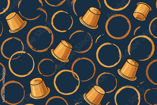 Seamless coffee capsule and stain ring pattern on navy background