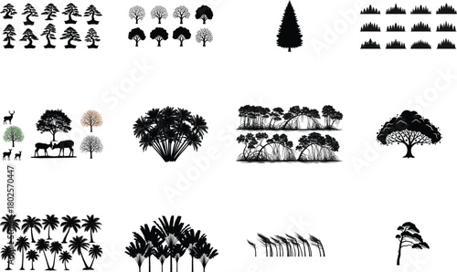 Diverse botanical silhouettes collection trees bonsai