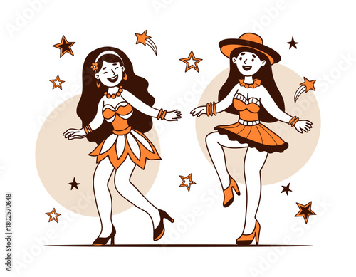 Cute Carnival Dancers Women in Masquerade Costumes. Festive Party Color Doodle. Isolated Hand drawing. Vector Illustration. lively holiday spirit and rhythmic celebration. Not AI