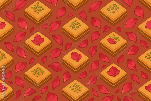 Seamless pattern of baklava with red petals and pistachios