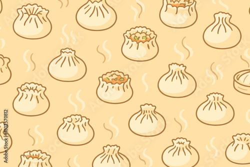 Seamless pattern of steamed dumplings with fillings and steam