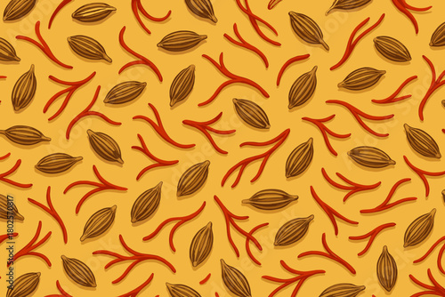 Seamless pattern with cardamom pods and saffron on yellow