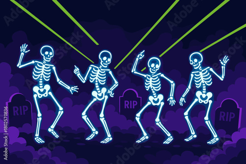 Glowing skeletons dancing in graveyard with laser lights