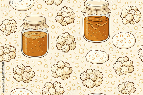 Cute kombucha pattern with jars, scoby, and fermentation bubbles