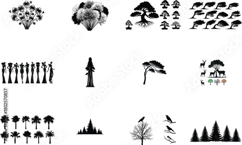 Diverse natural and artistic silhouettes trees bonsai