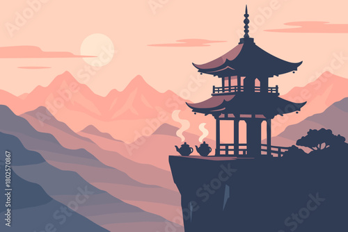 Sunrise view of pagoda and tea set in peaceful mountains