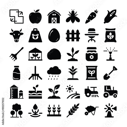 Collection of Agriculture Black Glyph Icons Pack Isolated on White Background Exactly 100 Char