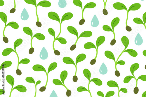 Seamless pattern of sprouting seeds and water droplets on a vibrant green background