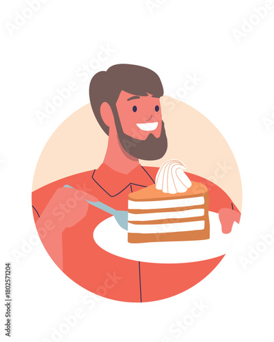 Young man eating cake portion
