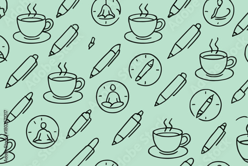 Seamless pattern with coffee cups, pens, and mindfulness icons