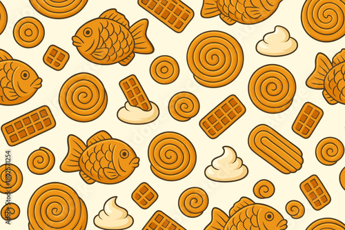 Cartoon dessert pattern with waffles, fish pastries, and swirls