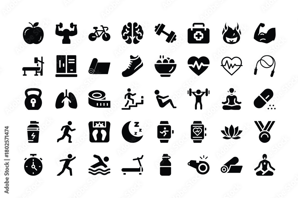 Fototapeta premium Healthy lifestyle and physical fitness exercises training in gym vector icons set