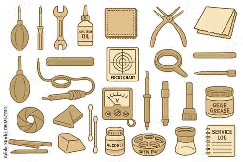 Classic camera maintenance and repair icon collection