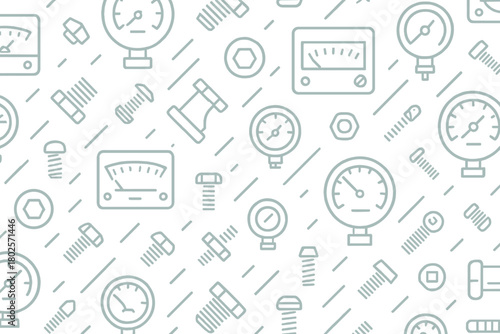 Light blue seamless pattern with gauges, bolts, and tools