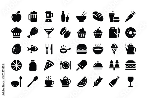 Food and beverage ingredients cooking culinary gastronomy dishes nutrition vector icons