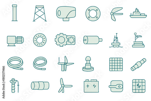 Industrial and renewable energy equipment icon set