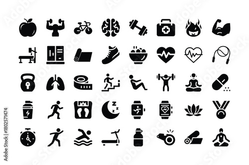 Healthy lifestyle and physical fitness exercises training in gym vector icons set
