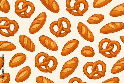 Seamless cartoon pattern of pretzels and bread loaves