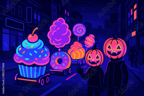 Halloween parade with neon candy floats and pumpkin masks