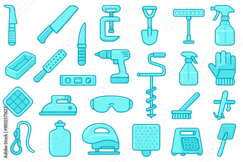 Teal construction and workshop tool icon set with clean lines