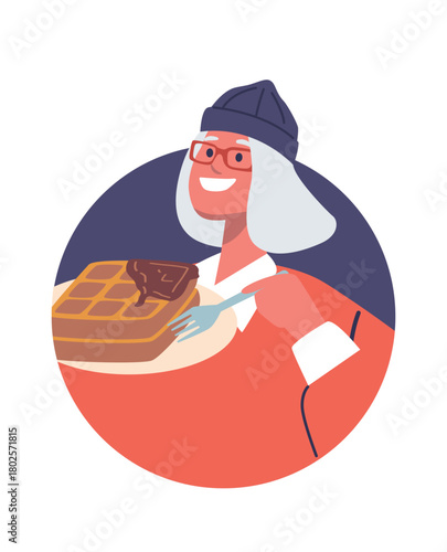 Elderly woman eating Belgian waffles