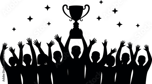 Celebrating victory group of people raising hands with trophy silhouette