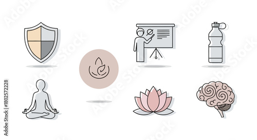 Minimalist wellness and education line art icons featuring meditation and learning elements
