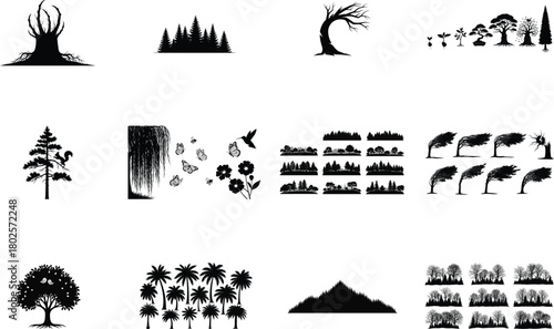 Diverse tree silhouettes and nature scenes trees forest
