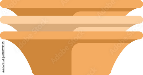 Stack of three empty round brown plates, side view tableware for home or restaurant