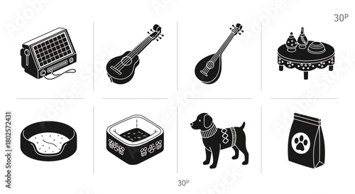 Silhouette icons of traditional objects and elements: music, decor, and pets