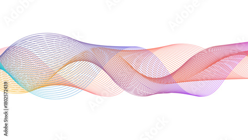 Flowing gradient wave lines with smooth blend effects. Abstract wavy line blend element for design. Digital frequency track equalizer. Colorful, shiny wave with lines created using the blend tool.