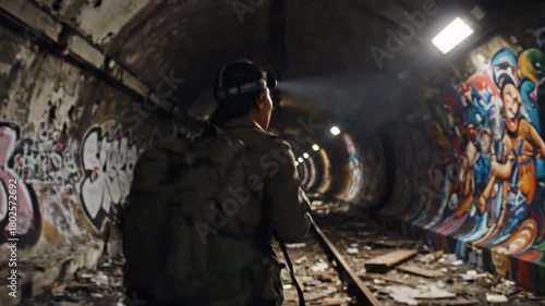 A solitary explorer delves deep into an underground tunnel, the gritty walls adorned with vibrant graffiti, revealing a journey of urban exploration.