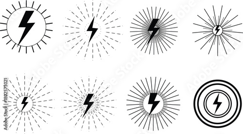 Collection of vintage sunburst lightning bolt emblems and icons